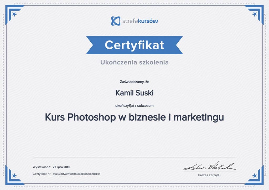 Certyfikat ukończenia kursu Photoshop w biznesie i marketingu